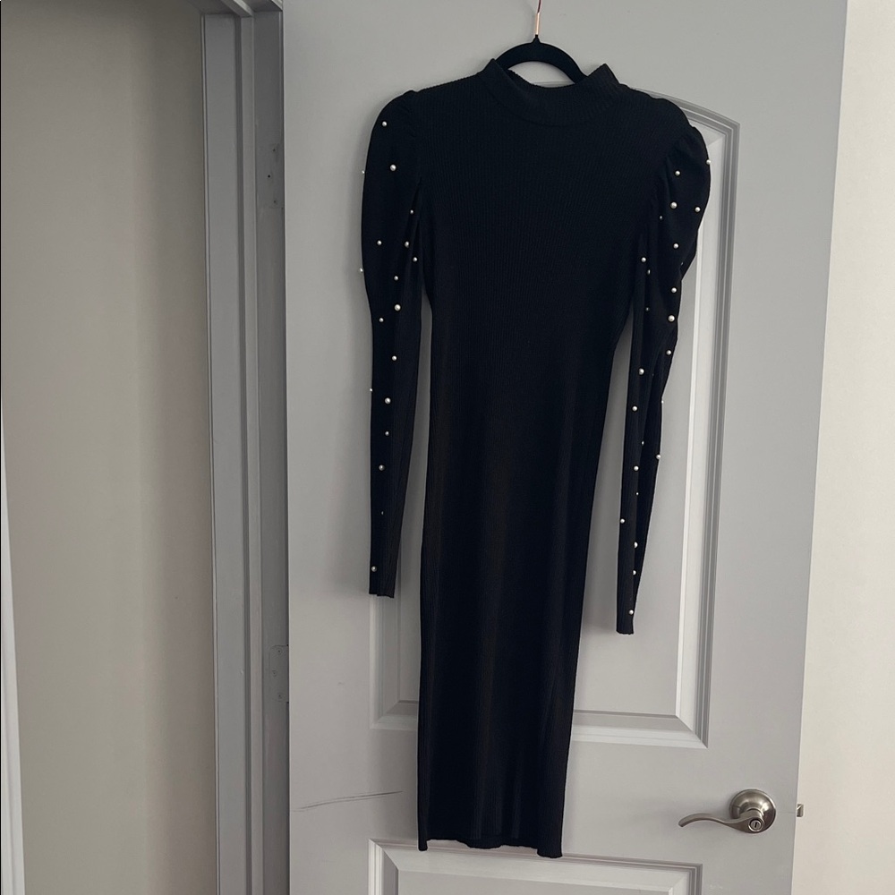 Absolutely Famous Black Long Sleeve Knit Dress with Pearl Details